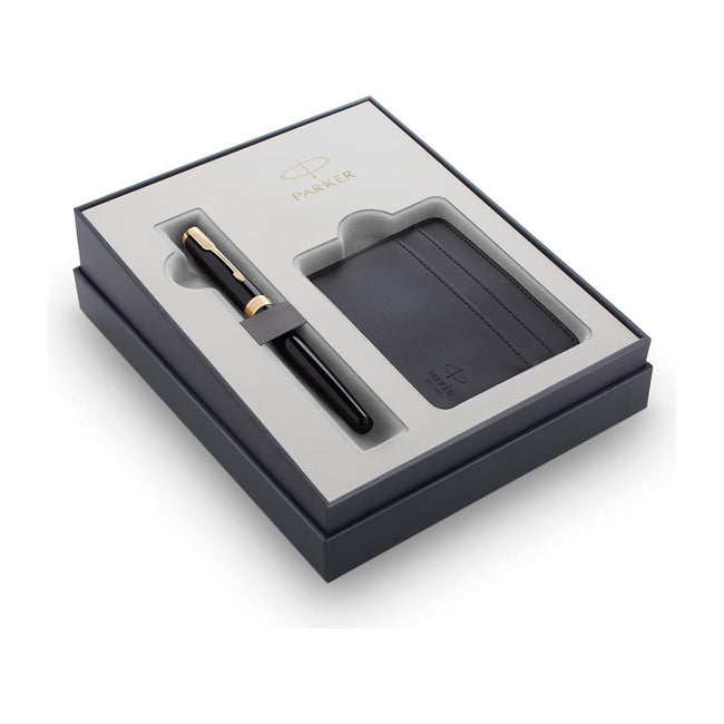 Parker - Geschenkset Fountain Stift Sonnet Black Lack GT M mit Kartenhalter