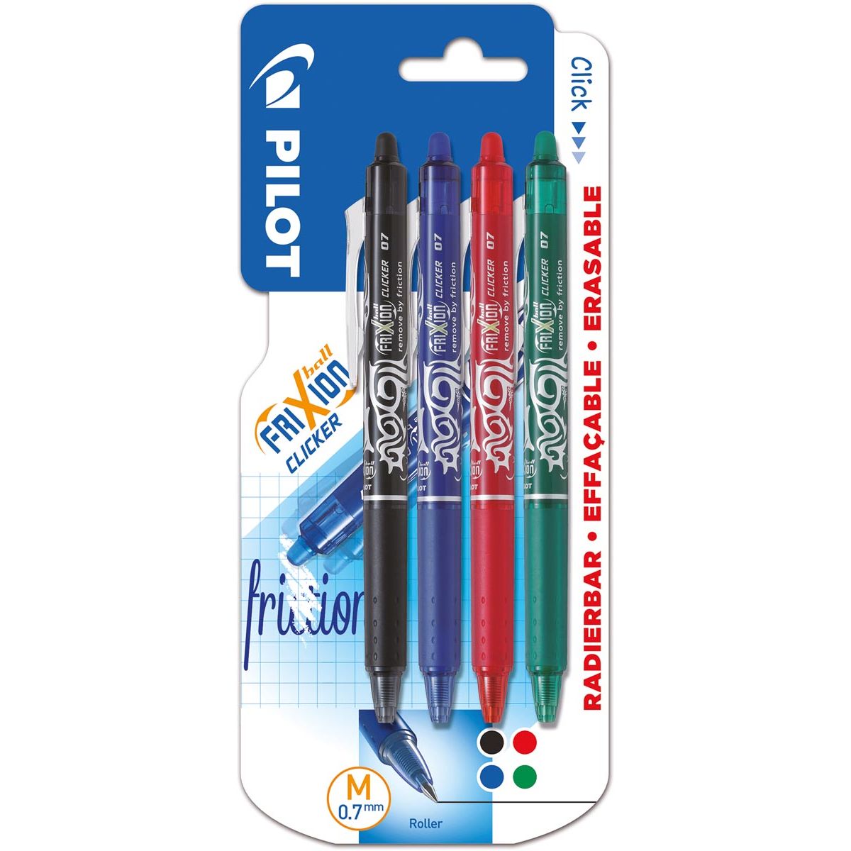 Pilot - FriXion Ball Clicker mit einziehbarer Rolle, mittlere Spitze, 0,7 mm, Blister mit 4 Stück