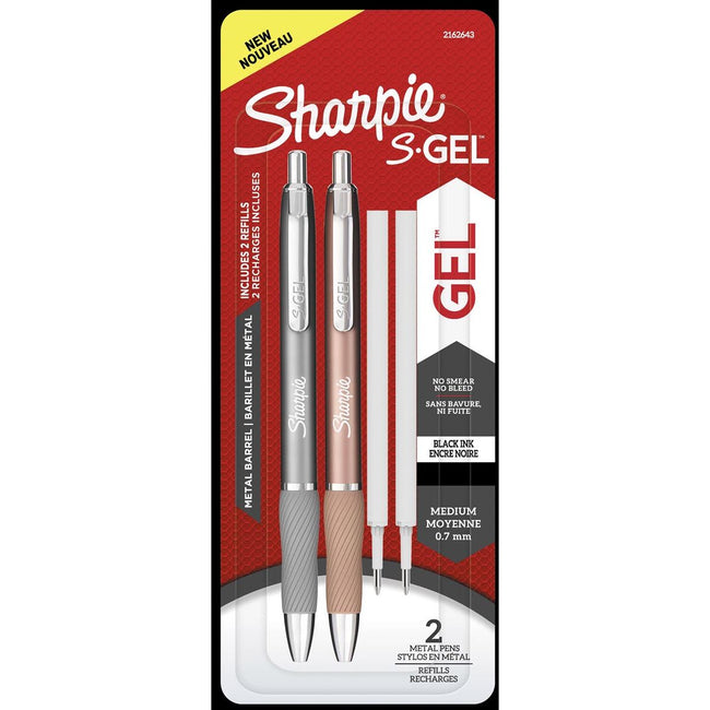 Sharpie -  ie S-gel roller, medium punt, zwarte inkt, blister van 2 stuks in metallic kleuren met 2 vullingen