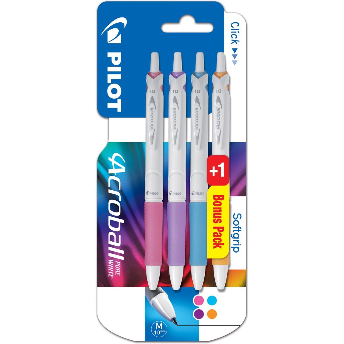 Pilot -  balpen Acroball Pure White, blister van 3 + 1 gratis, in vrolijke kleuren