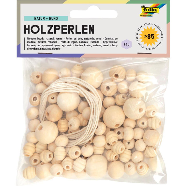 Folia -   houten parels, natuur, blister van 84 stuks in geassorteerde maten