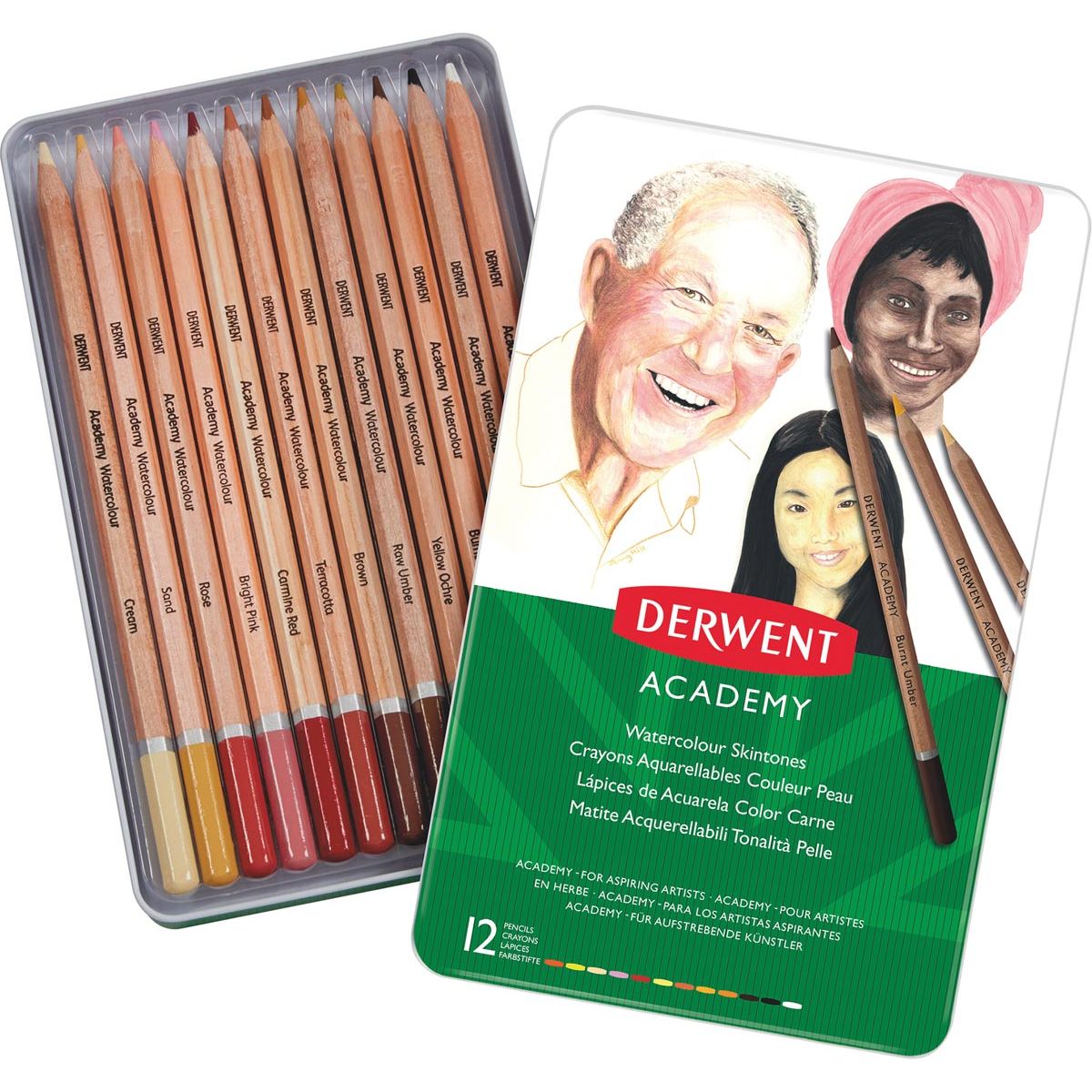 Derwent - matita acquerellabile Academy, latta da 12 pezzi in tonalità di pelle assortite