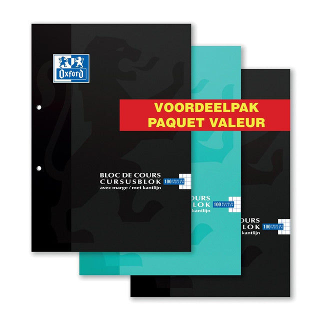 Oxford - paquete económico de bloques de curso de 3 piezas, colores surtidos, pies A4, 100 hojas, cuadriculado 5 mm