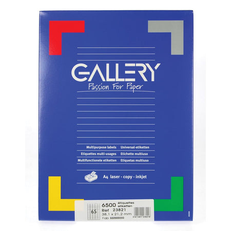 Galería: etiquetas blancas, pies 38,1 x 21,2 mm (ancho x alto), esquinas redondeadas, caja de 6500 etiquetas