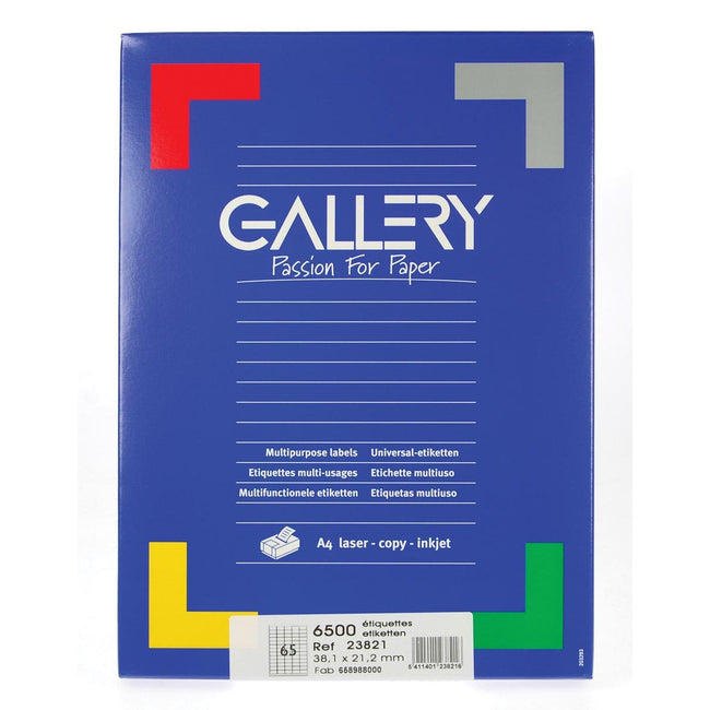 Galería: etiquetas blancas, pies 38,1 x 21,2 mm (ancho x alto), esquinas redondeadas, caja de 6500 etiquetas