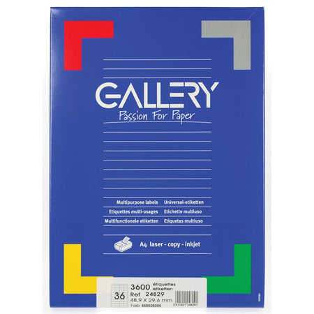 Galería: etiquetas blancas pies 48,9 x 29,6 mm (ancho x alto), ángulos rectos, caja de 3600 etiquetas
