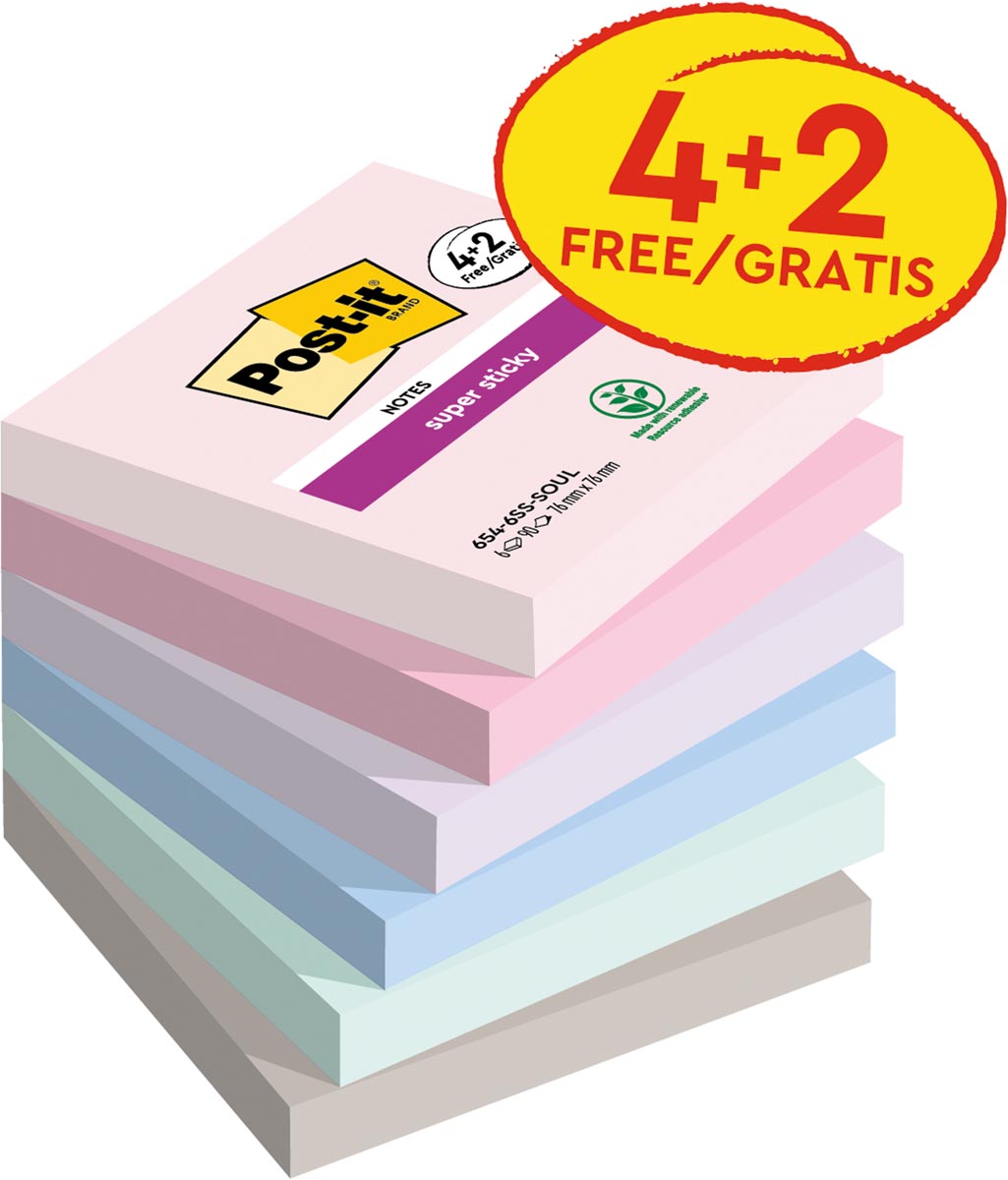 Post-it - Bloc de notas 654 Super Sticky 76x76mm 4+2 gratis Soulful