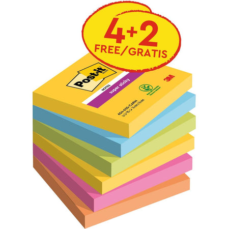 Post-it - Bloc mémo 654 Super Sticky 76x76mm 4+2 gratuits Carnaval