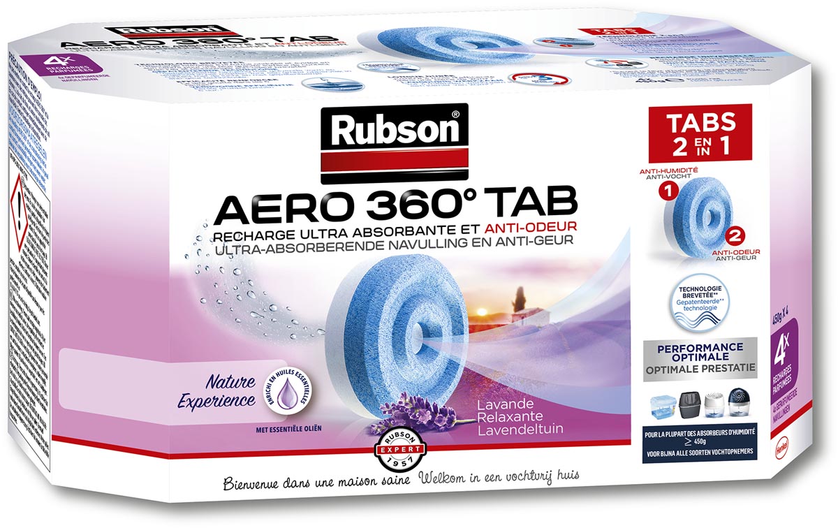Rubson -  navulling voor ontvochtiger AERO 360, doos van 4 tabs van 450 gram, lavendel