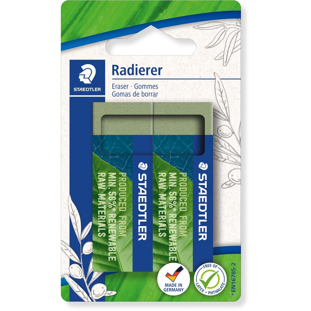 Staedtler -  gum Eco, olijfgroen, ft 65 x 23 x 13 mm, blister van 2 stuks