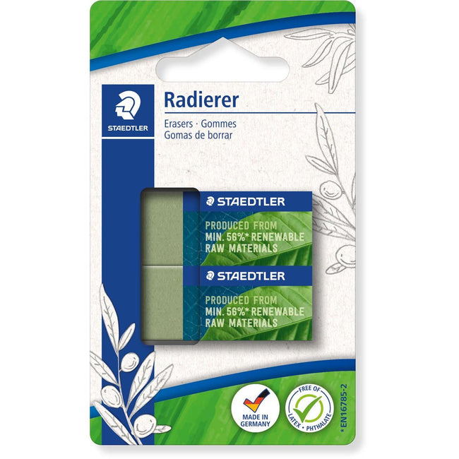 Staedtler - borrador Eco, verde oliva, pies 43 x 19 x 13 mm, blister de 2 piezas