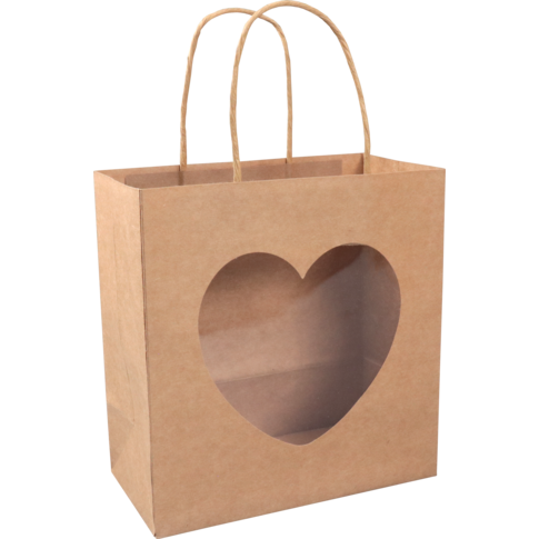 Klika - Tas | Hart | Papier + PET | met venster | gedraaid papieren koord | 19x 10x20cm | draagtas | bruin | 10 stuks