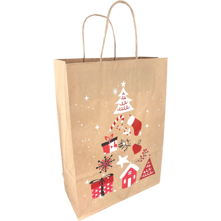 Klika -  Tas | Boom | Papier | gedraaid papieren koord | 22x 10x31cm | draagtas | bruin/rood/wit/zwart | 250 stuks
