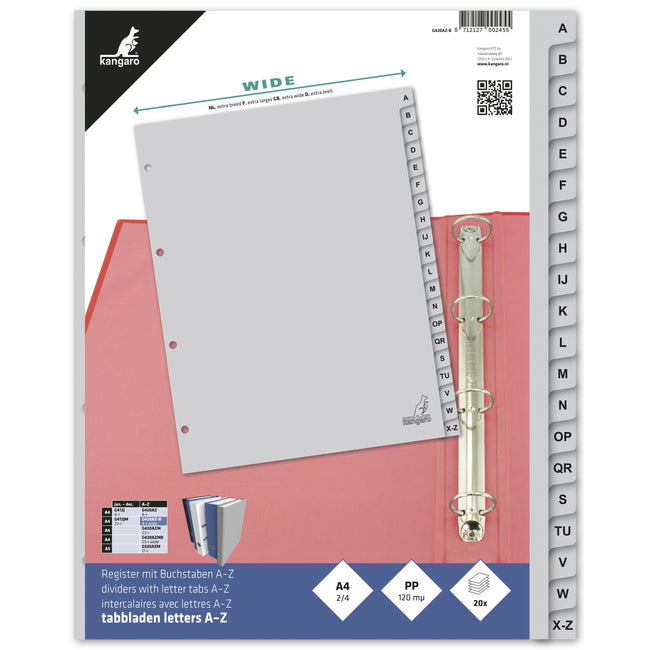 Kangaro -  Tabbladen A4 4-gaats 20-delig A-Z breed PP grijs