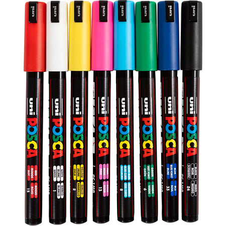 Posca - Uni paint marker PC-1MR, 0.7 mm, case of 8 pieces in assorted basic colors