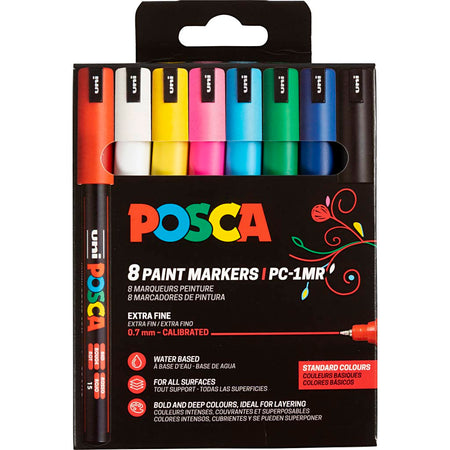 Posca - Uni paint marker PC-1MR, 0.7 mm, case of 8 pieces in assorted basic colors