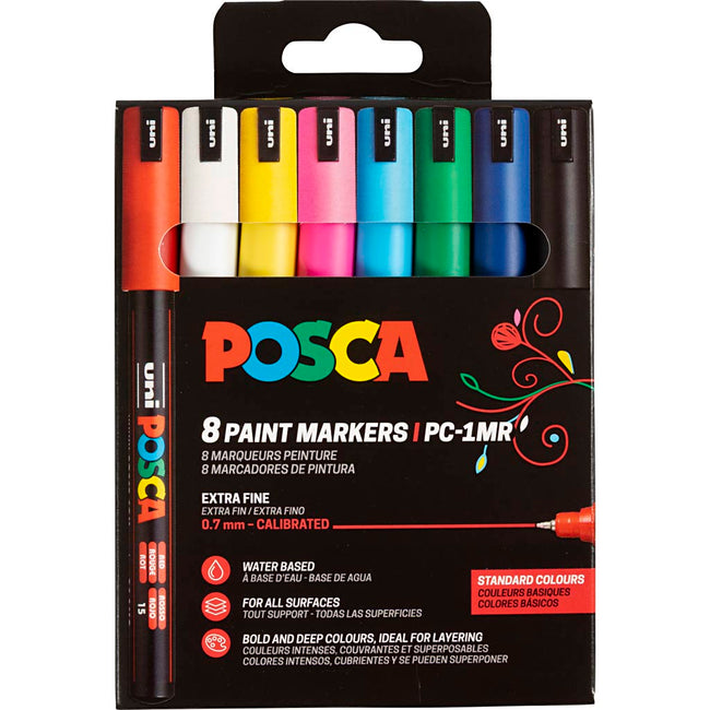 Posca -  Uni  paintmarker PC-1MR, 0,7 mm, etui van 8 stuks in geassorteerde basiskleuren