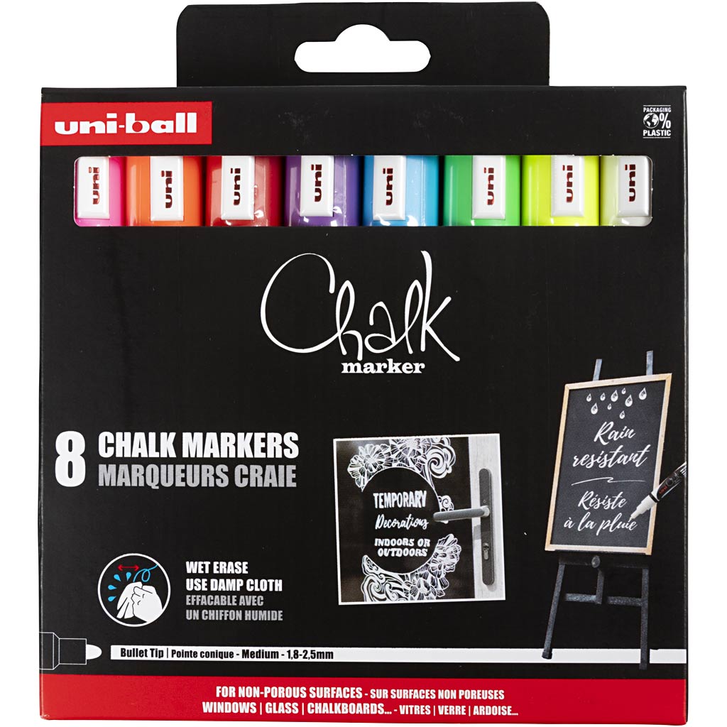 Uni-ball -  krijtmarker, ronde punt 1,8 2,5 mm, etui van 8 stuks, assorti