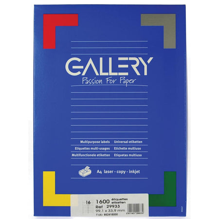 Galería: etiquetas blancas pies 99,1 x 33,9 mm (ancho x alto), esquinas redondeadas, caja de 1600 etiquetas