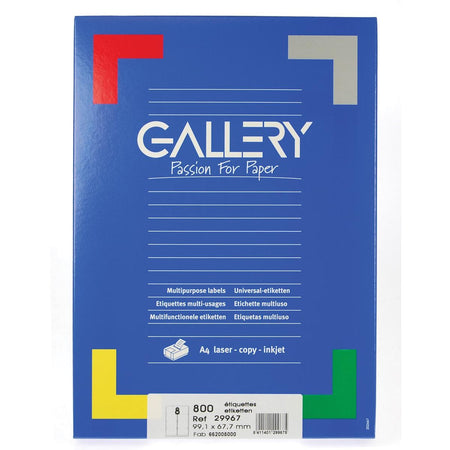 Galería: etiquetas blancas pies 99,1 x 67,7 mm (ancho x alto), esquinas redondeadas, caja de 800 etiquetas