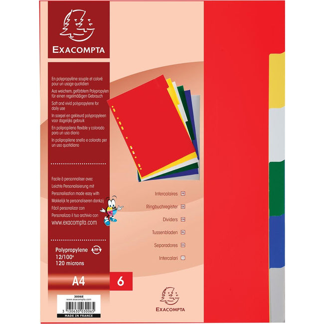 Exacompta -  tabbladen voor ft A4, uit PP 12/100e, 6 tabs, geassorteerde kleuren