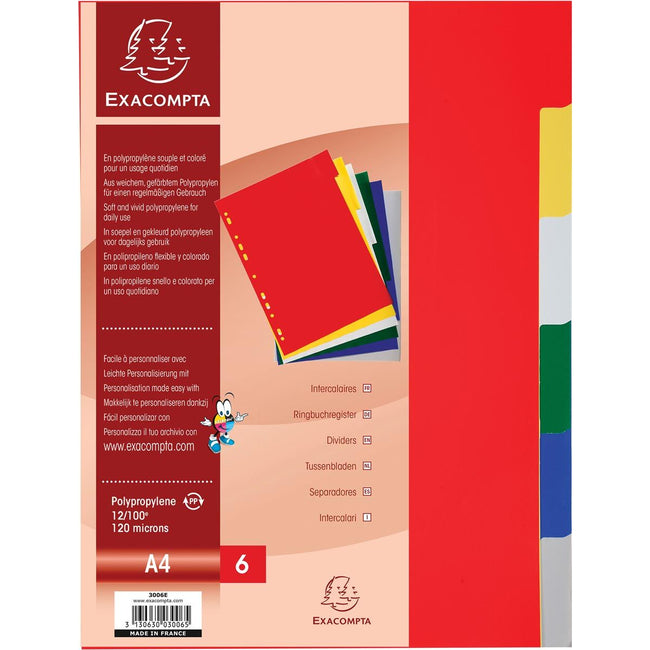 Exacompta - Tabs pour FT A4, à partir de pp 12 / 100e, 6 onglets, couleurs assorties