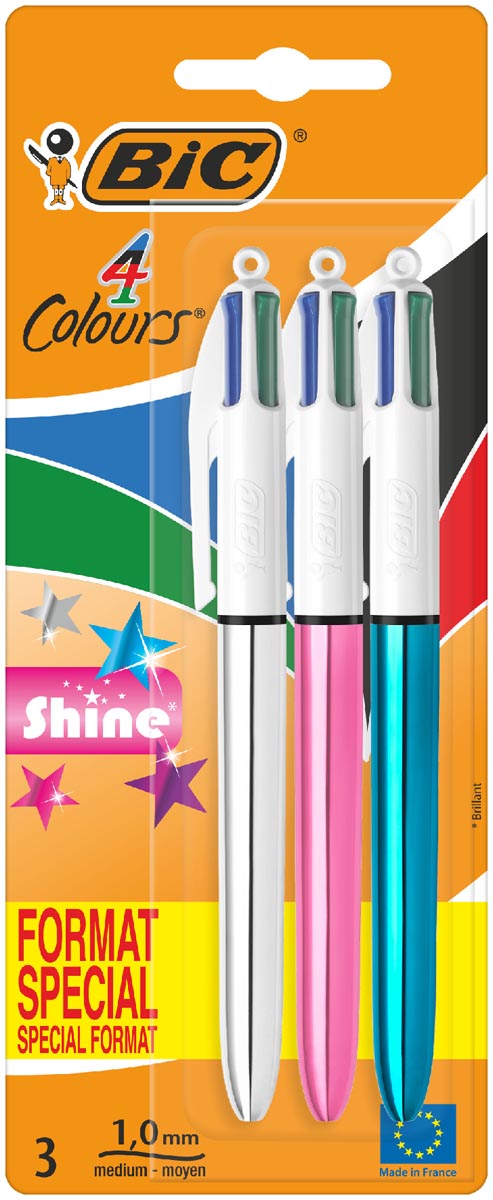 BIC -  Colours Shine 4-kleurenbalpen, medium, klassieke inktkleuren, blister van 3 stuks