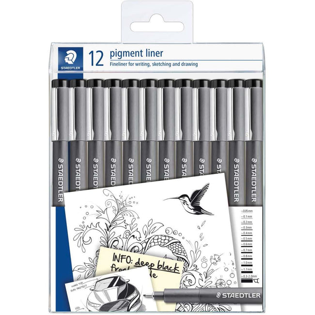 Staedtler -  pigment liner fineliner, verschillende schrijfbreedtes, set van 12 stuks, zwart