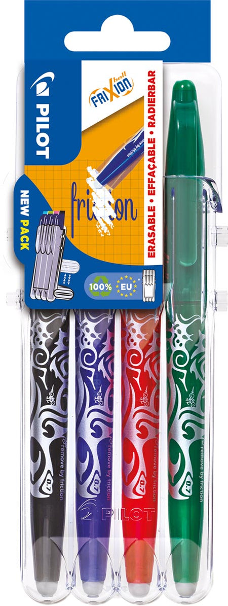 Pilot -  roller Frixion Ball Set 2 Go blister van 4 stuks: zwart, blauw, rood en groen