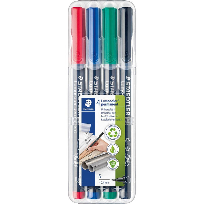 Staedtler -  Lumocoler 313, OHP-marker, permanent, 0,4 mm, etui van 4 stuks in geassorteerde kleuren