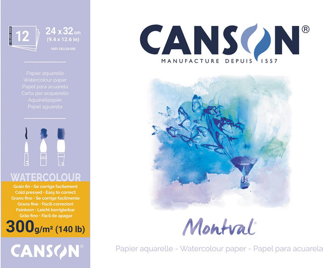 Canson -  Montval aquarelpapier, wit met fijne korrel 300 g/m², ft 24 x 32 cm, blok met 12 vellen