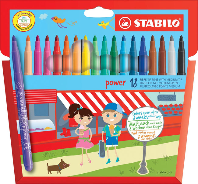 STABILO -  power, viltstift, tot 8 weken zonder dop, etui met 18 kleuren
