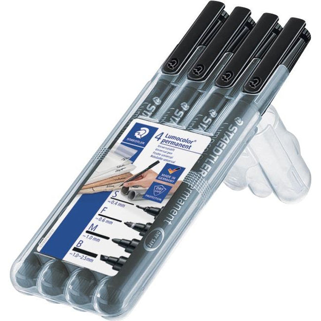 Staedtler - Lumocolor 319, permanent marker special, 4 stuks in verschillende schrijfbreedtes, zwart