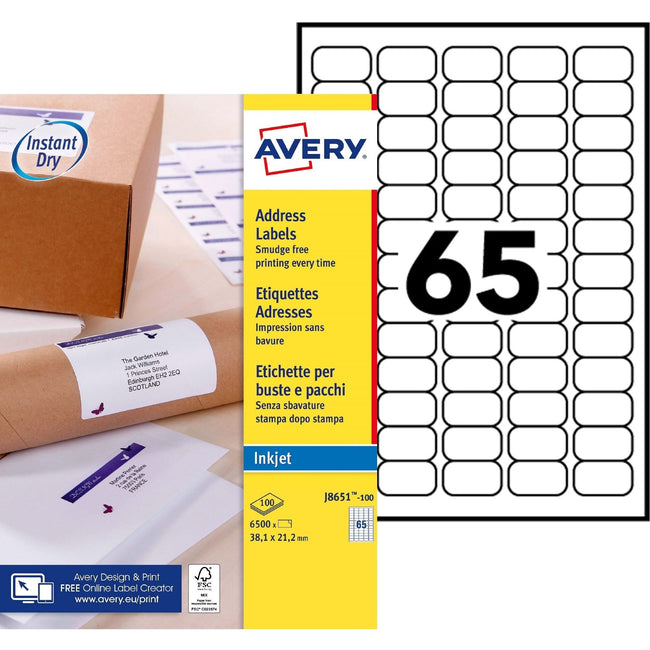 Avery -  Etiket  j8651-100 38.1x21.2mm wit 6500st