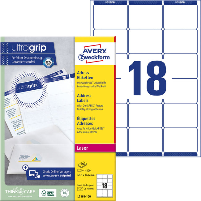 Avery -  Etiket  l7161-100 63.5x46.6mm wit 1800st