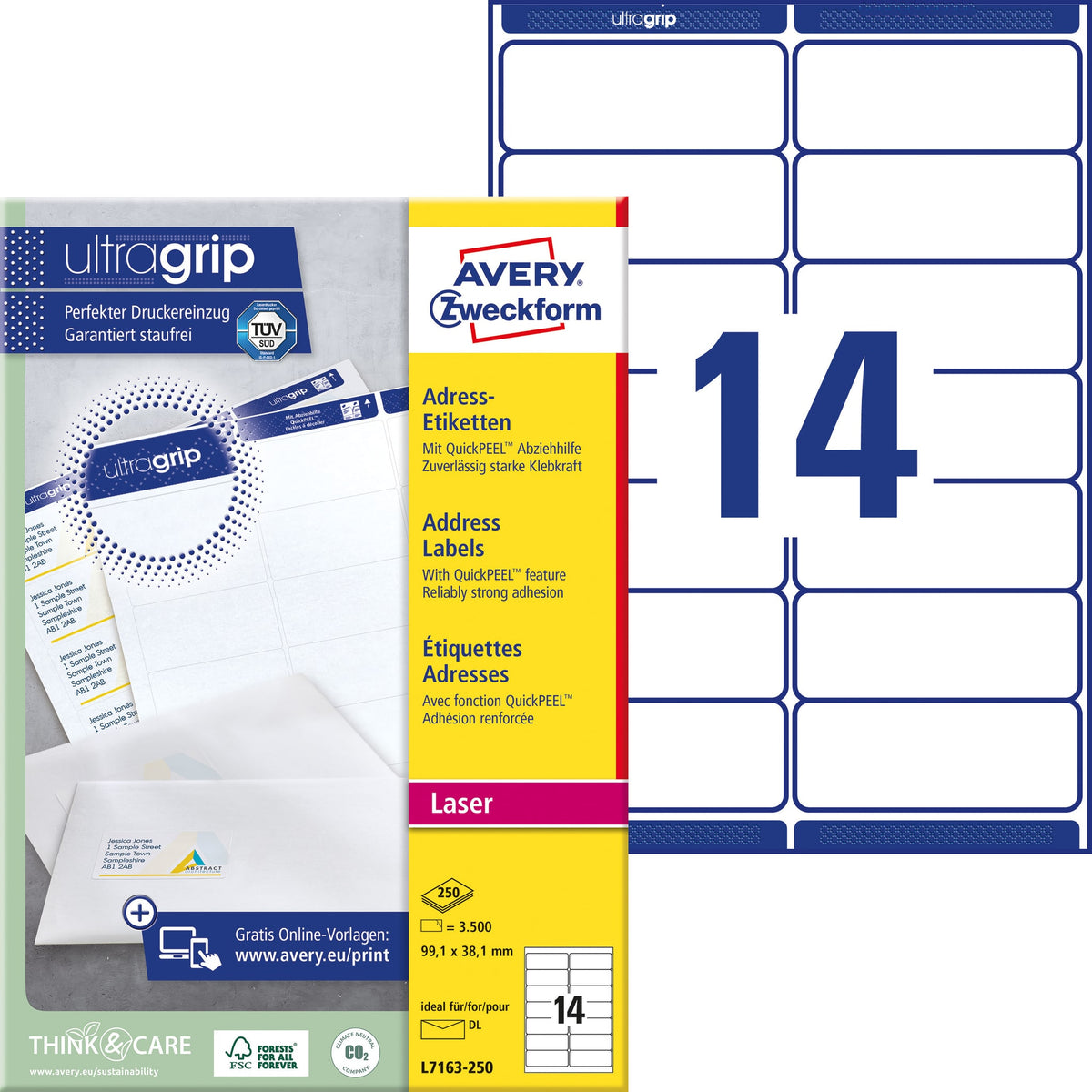 Avery -  Etiket  l7163-250 99.1x38.1mm wit 3500st