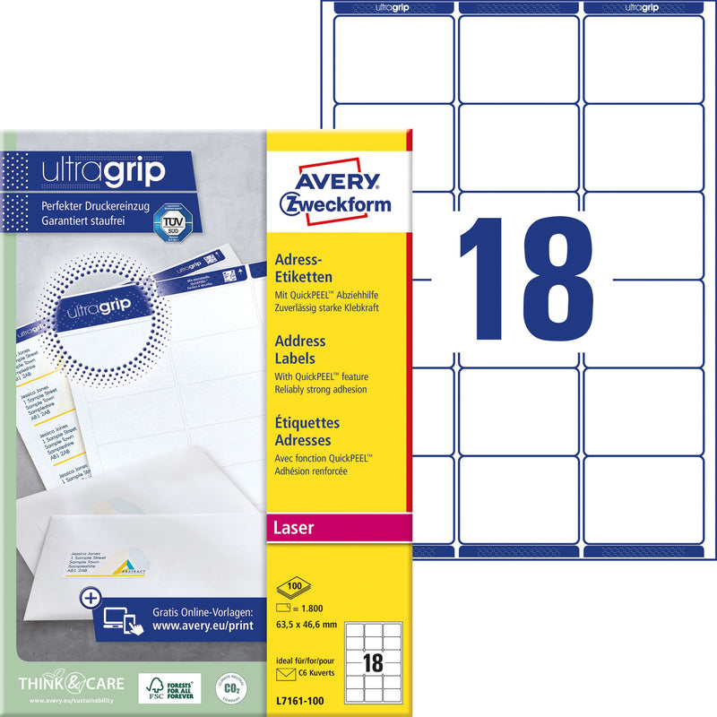 Avery -  Etiket  l7161-100 63.5x46.6mm wit 1800st | 5 stuks