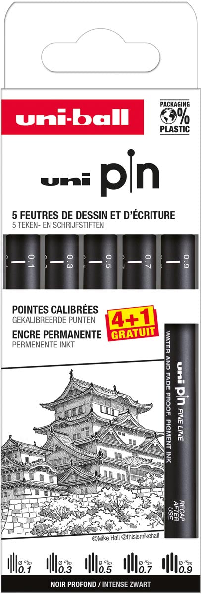 Uni-ball -  Uni Pin fineliner, gekalibreerde punten, zwart, 0,1-0,3-0,5-0,7-0,9 mm, blister van 4 + 1 gratis