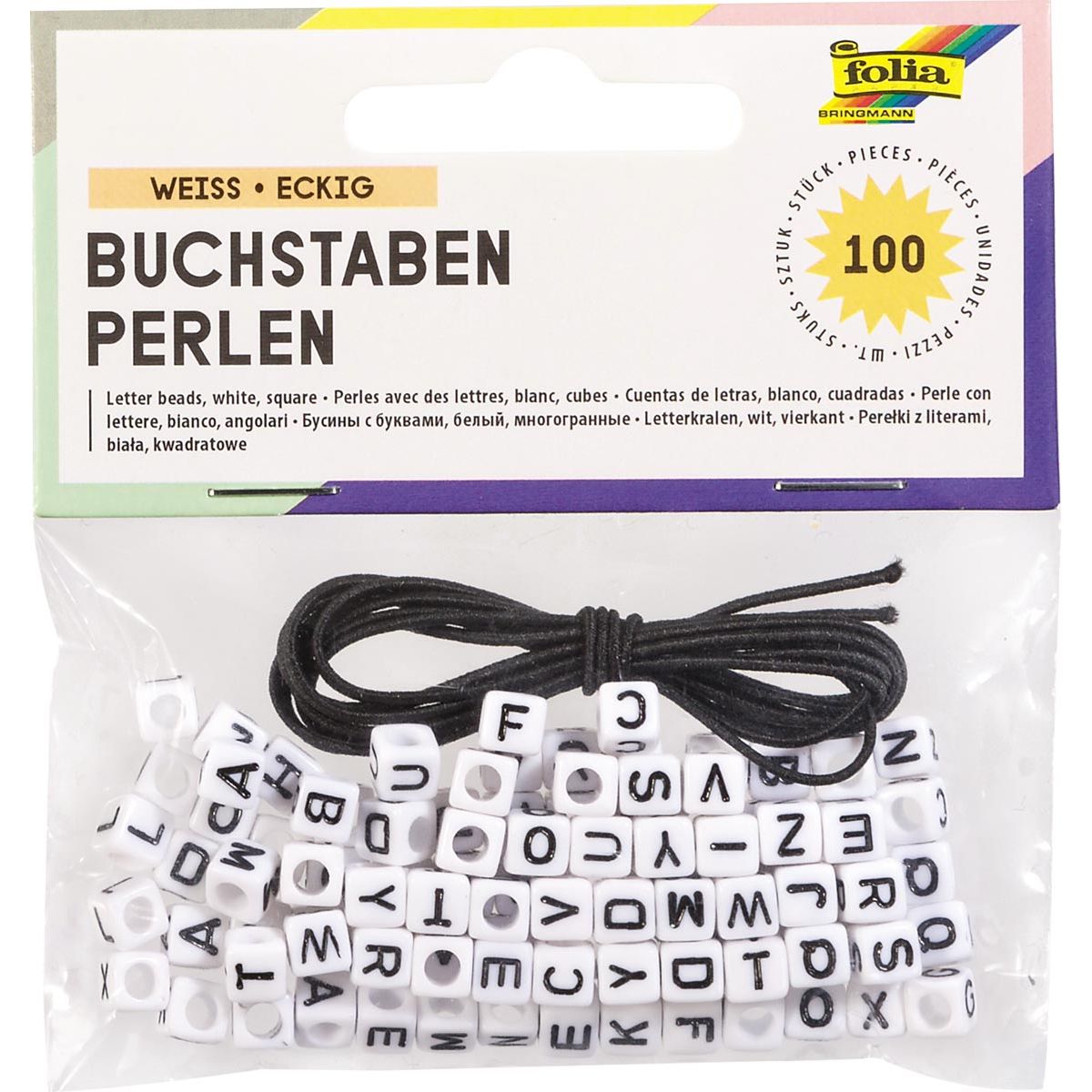 Folia - Folia -Buchstabenperlen, Quadrat, einschließlich Gummidraht, Blasen von 100 Teilen