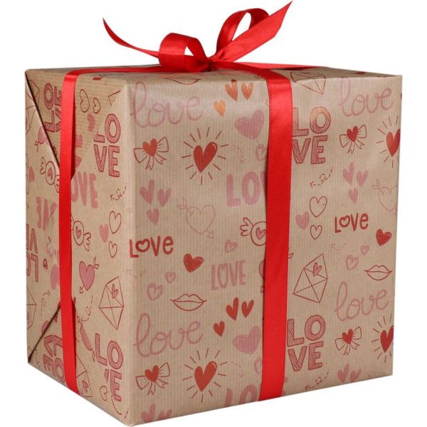 Klika -  Cadeaupapier 30cm 200m 80gr/m bruin kraft Love rood