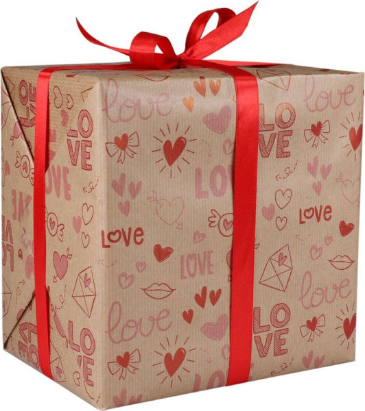 Cadeaupapier 30cm 200m 80gr/m bruin kraft Love rood