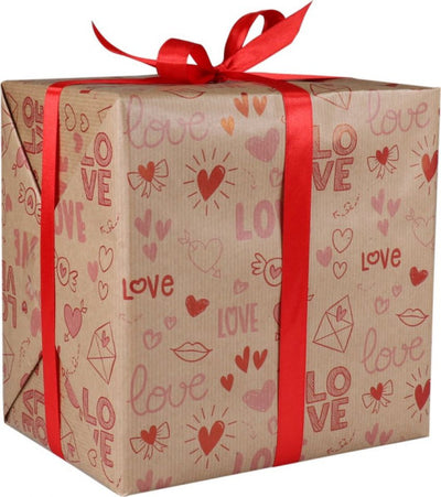 Cadeaupapier 30cm 200m 80gr/m bruin kraft Love rood