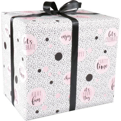 Klika -  Cadeaupapier | 50cm | 100m | 80gr/m² | Party time | wit/zwart/roze