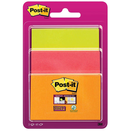 Post-it - Super Sticky notes, 45 sheets, 3 sizes, assorted neon colors, on blister