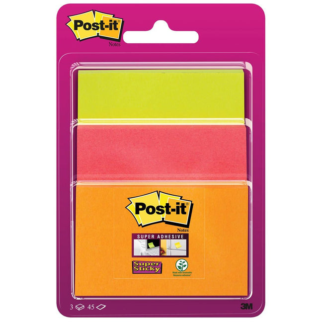 Post-it - Notes Super Sticky, 45 fogli, 3 formati, colori neon assortiti, in blister