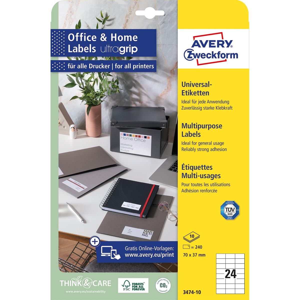 Avery Zweckform - Etichette universali Zweckform, 70 x 37 mm, bianco, adesivo permanente, 240 etichette, 10 fogli