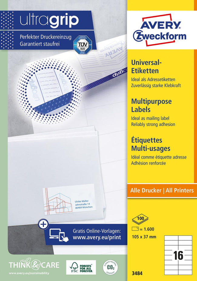 Avery Zweckform - Etiqueta Zweckform 3484 105x37mm blanco 1600 piezas