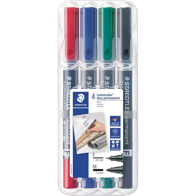 Staedtler - Lumocolor Duo 348, permanent marker, doos van 4 stuks in geassorteerde kleuren