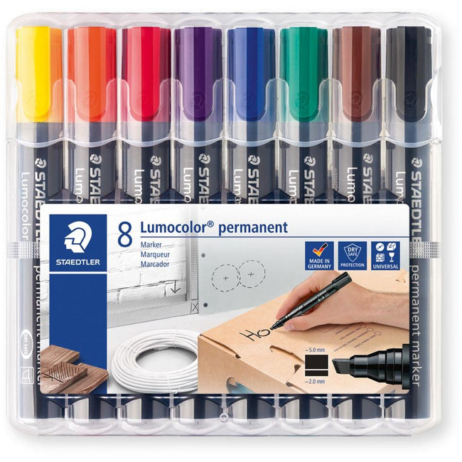 Staedtler - Lumocolor 350, pennarello indelebile, punta smussata, 2,5 mm, scatola da 8 pezzi in colori assortiti