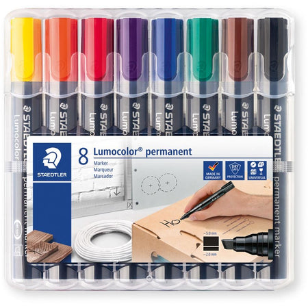 Staedtler - Lumocolor 350, rotulador permanente, punta biselada, 2,5 mm, caja de 8 piezas en colores surtidos